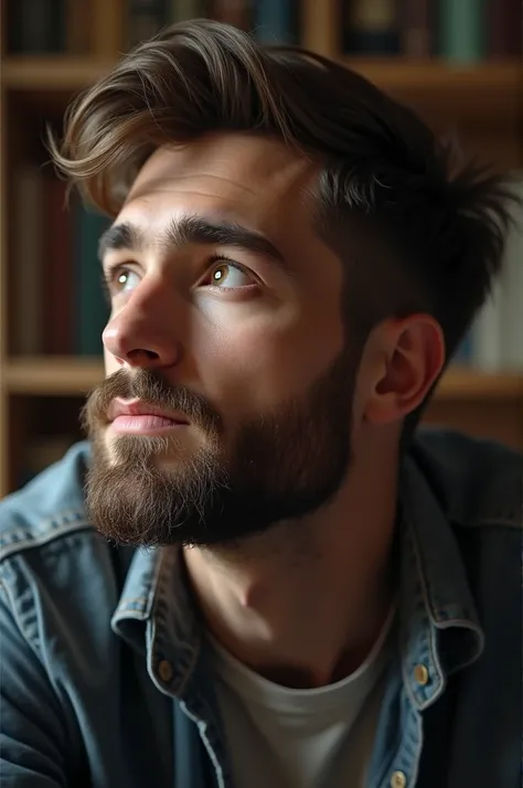 A curious young man with beard thinking about something interesting and imagining