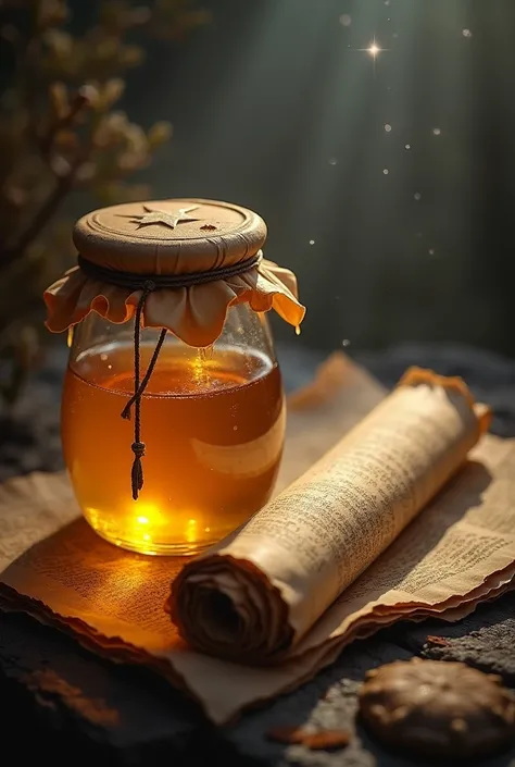 Honey preserved over millennia: A jar of honey with an ancient scroll beside it, glowing softly as if it’s been untouched for thousands of years.