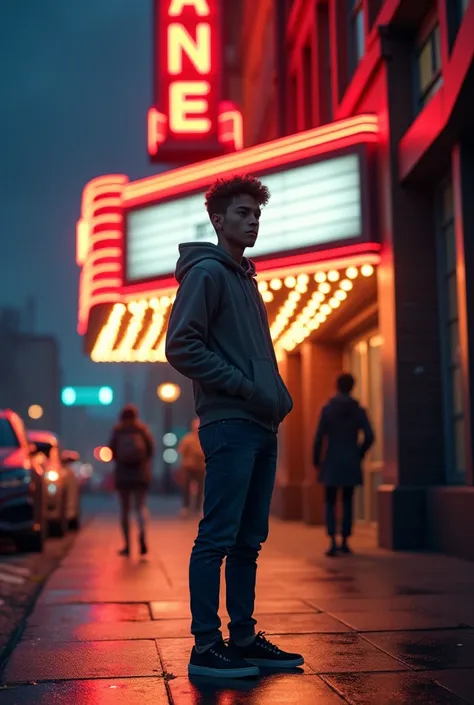 Teenage man waiting outside a movie theater at night