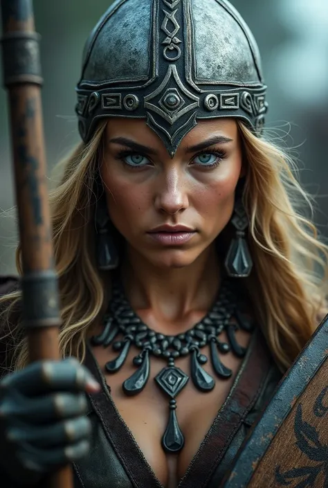 Close up face beautiful viking woman, spear and shield in hand , thunder in the eye, capaçete de guerra , tribal design on the eyes, Angry, necklace around the neck with ornaments, battle outfit, with hate