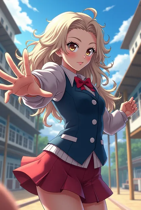 Create a teenage girl from the anime boku no hero academia with long curly hair,white skin and light brown eyes ,fighting excitedly at the ua