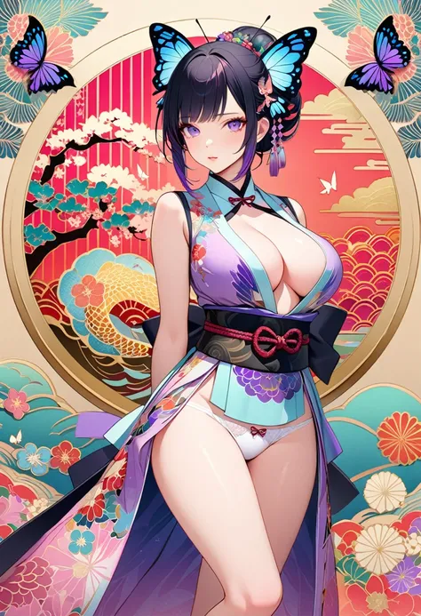 a mesmerizing surreal illustration of a young japanese woman resembling shinobu kouchou. she has black hair, purple eyes, a butt...