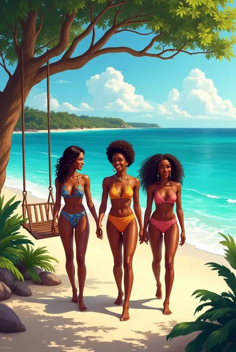 Create an image of 3 young Black women in designer beachwear, enjoying a walk along a serene beach with girls trip vibe. Feature a tree with a swing..The ocean features stunning turquoise blue water with some rocks and picturesque trees on the horizon. An ...