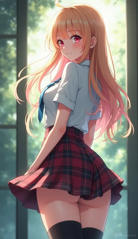 masterpiece,(bestquality),highlydetailed,ultra-detailed,(anime_style:1.5),rear_view,focused_on_hips,(blonde_hair_with_pink_gradient_tips:1.2),red_eyes,(Japanese_school_uniform:1.3),(white_shirt),(blue_tie),(plaid_skirt),(black_thigh-high_socks:1.4),(accent...