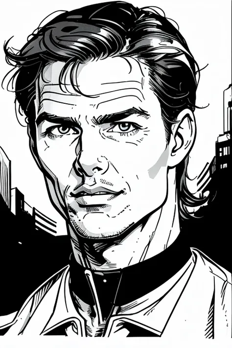 DRAWING in coloring book style, black andwhite , white background, Tom Cruise at 30 years old , close no rosto, 