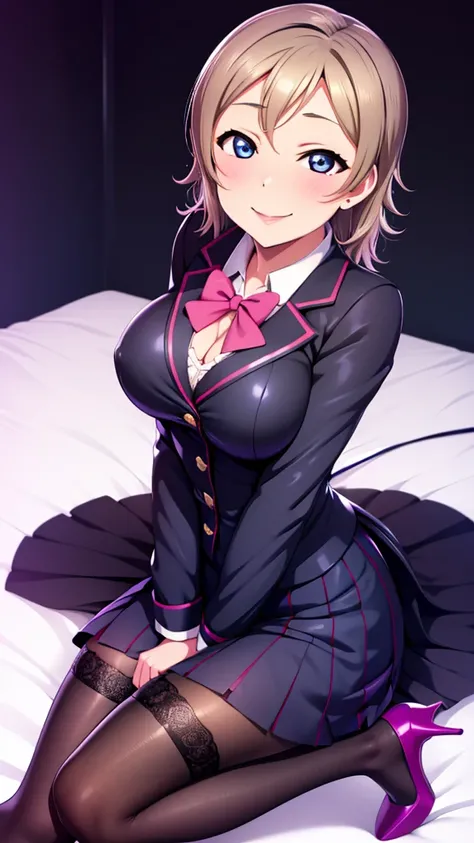 Erotic　Love Live Watanabe You　Mature Wife Big Tits　school uniform　Open blazer　Dress shirt　Bedroom with hearts on a black background Dark theme Evil depravity Temptation Excitement Condescending smile Sexy pose Emphasis on upper body Looking up　sit　High hee...