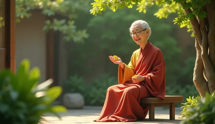 The same elderly Buddhist woman sits on a small wooden bench in a serene courtyard, holding a handful of golden raisins in her hand. She carefully explains the benefits of raisins, especially for strengthening bones and aiding digestion. Her gentle smile a...