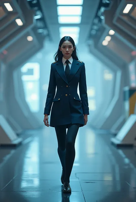 Female cadet in military service uniform walking in command and control center, Futuristic theme
