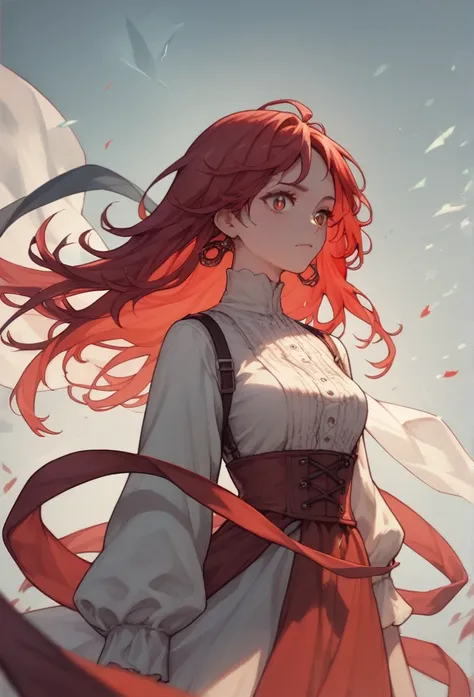 An anime woman in a long dress and red hair with an x for pupils