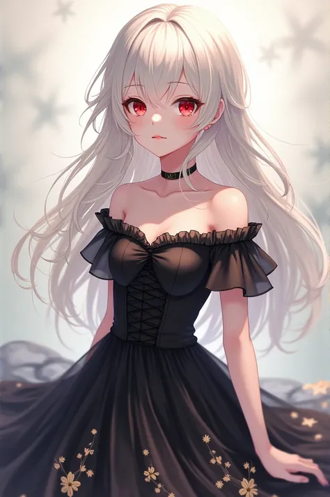 A girl with long wait hair, red eyes and pale white skin wearing a dress that features a soft, creamy black off-the-shoulder design with ruffled sleeves, a ruched bodice and layered skirt featuring floral embroidery (Anime  style)