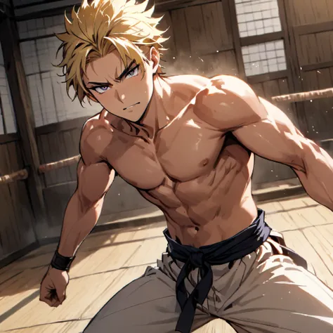 1boy, masculine , blond hair, fighter, shirtless, dojo , looking at the viewer