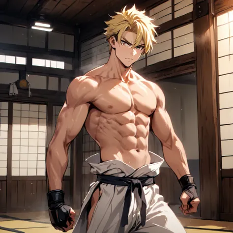 1boy, masculine , blond hair, fighter, shirtless, dojo , looking at the viewer