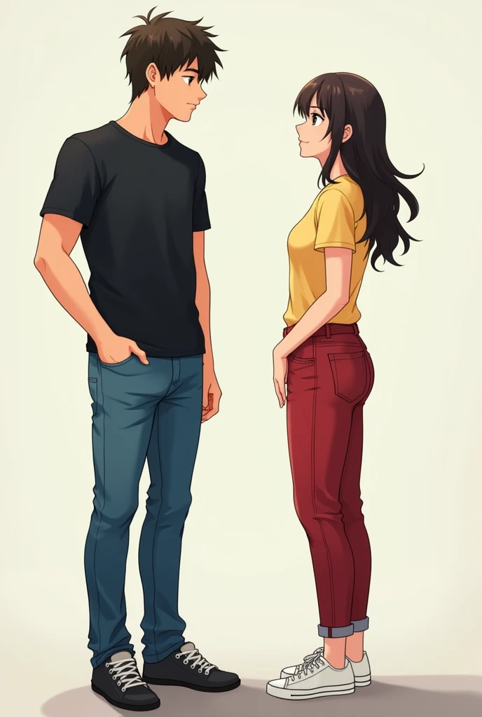 A man talking to a woman, the man is wearing a black t-shirt and a blue jeans pants, the woman is wearing a yellow t-shirt and a red jeans pants, the vibe is cool, they are friendly, they arent close and they arent touching each other, daylight scene, Anim...