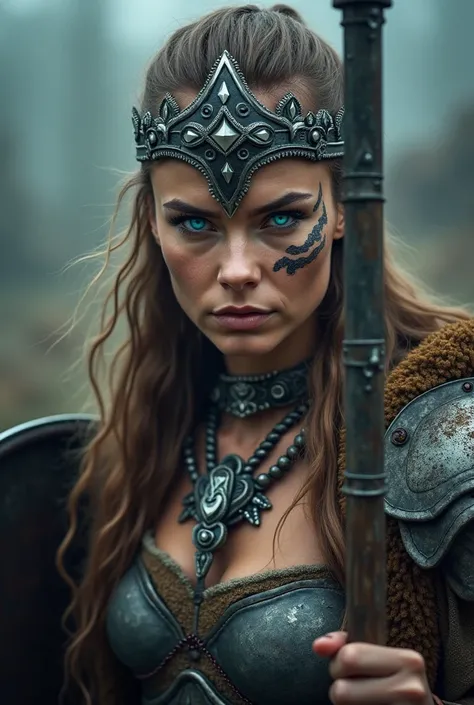 Close up face beautiful viking woman, spear and shield in hand , blue light in the eyes, war crown , tribal design on the eyes, Angry, necklace around the neck with ornaments, battle armor, with hate