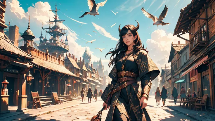 A girl with long black hair wearing black adventure clothes with demon horns, walking along the a dock on a port next to the city in a medieval fantasy theme. (best quality, 4k, highres, masterpiece:1.2), ultra-detailed, (realistic:1.37) Additional details...