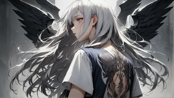 Teenage girl, tidy hair, medium length hair, multicolored black and white hair, middle stripe, gray eyes, face neutral, dark blue shirt, loose white short sleeve overcoat, gray tattoos on the body, iron wings on the character&#39;s back