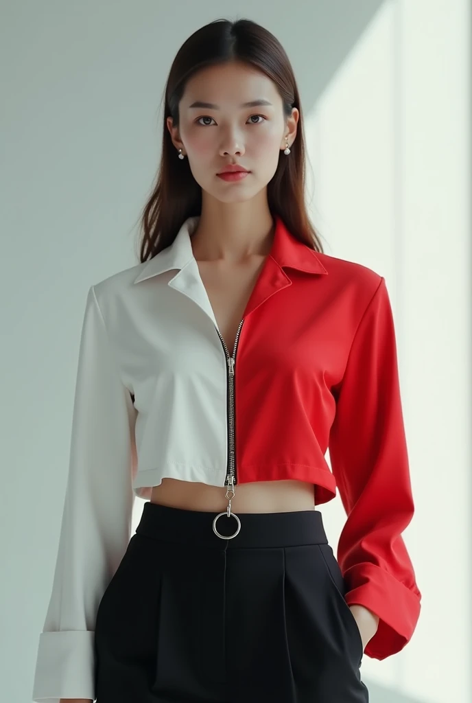 A zipper blouse, bi color, with ring. It looks like one side is being a blouse inside the other but still being the same 