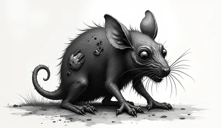 A black deformed pustulent screaming rat with many eyes and large ears with the torn fur, rough distorted sketch black and white watercolor paint.