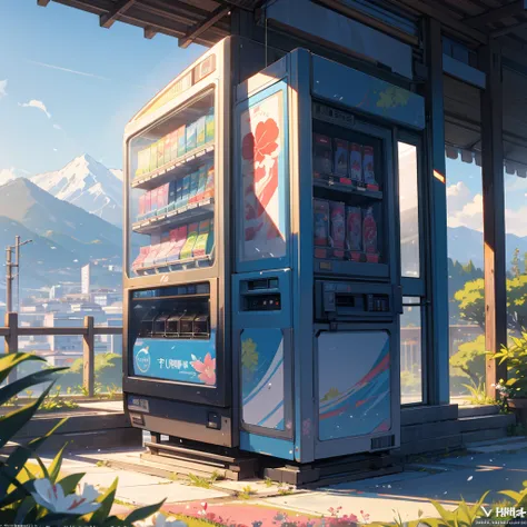 A scenic view in a rural area with mountains in the background and a clear sky, a vending machine with Japanese text, lush greenery, and blooming flowers.
