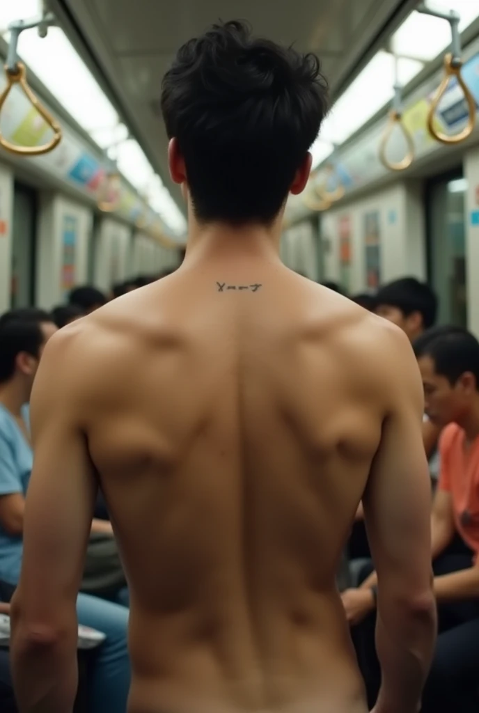 1boy、Photo Quality、Cute handsome man、Mash Hair、Japanese male, 、Completely naked、Full nudity、erection、Huge penis、Highest quality、Realistic、beautiful、In a crowded train、Back view