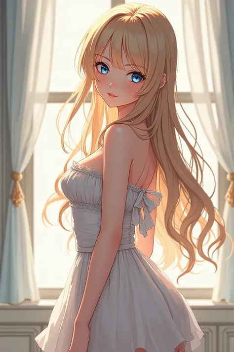 Create a beautiful European girl with blue eyes and long blonde hair looking like a doll with medium breasts and a medium ass with classic anime-style clothes showing her breasts to the user in front of you 
