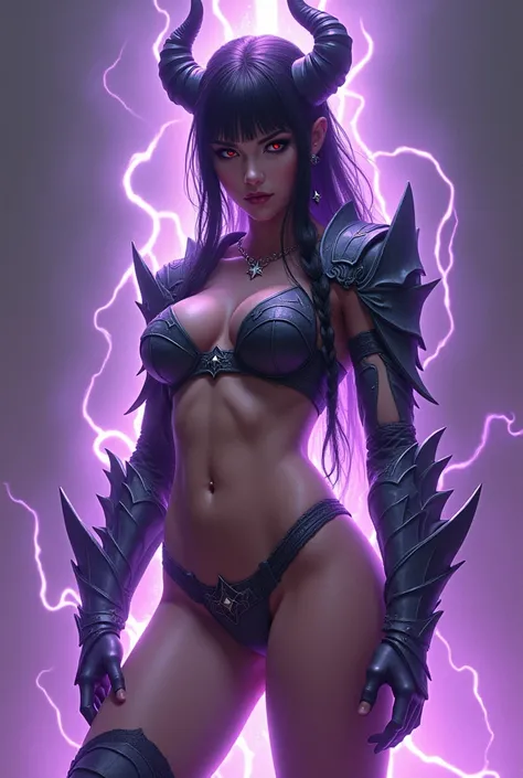 female warrior goddess,with very long straight hair with braids, bun and bangs,con armadura very sexy,Fitness ass,cuolna,very big tight tits,minimalist set,with a powerful staff,red eyes,eyes thickly lined with black,With horns,very sexy,very skinny body,t...