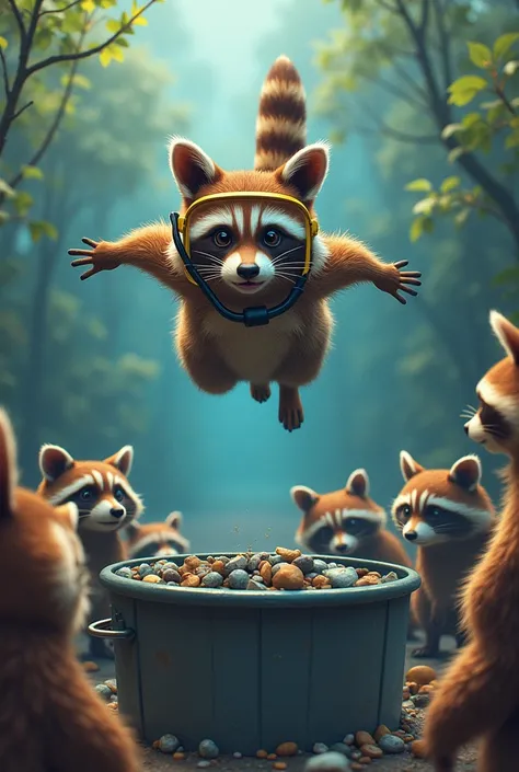 Make a picture of a raccoon jumping into a garbage container, as a diver, with a bunch of raccoons qualifying as a jury

