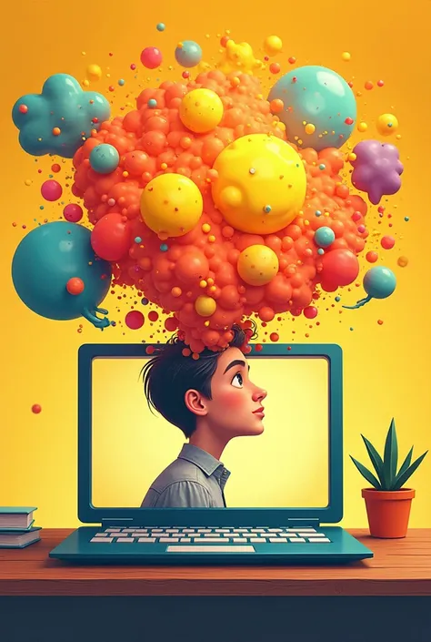 An illustration in shades of yellow and orange, showing an intense digital brainstorm on a computer screen.
Several bubbles of ideas are emerging from a computer keyboard, like little clouds of creative thoughts.

The bubbles are of different sizes and sha...