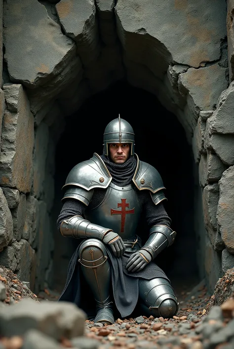 bottom view, of a templar knight, kneeling behind a rock, hdr, uhd, detailed