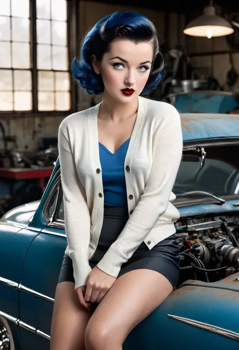 1 woman , looking at viewer:1.3, portrait (wearing clean white crew neck cardigan, dark narrow form fitting pencil-skirt:1.4), taken inside an dark automobile shop, a (hot-rod garage:1.5), filled with car parts, rust, shes inside an old repair shop filled ...