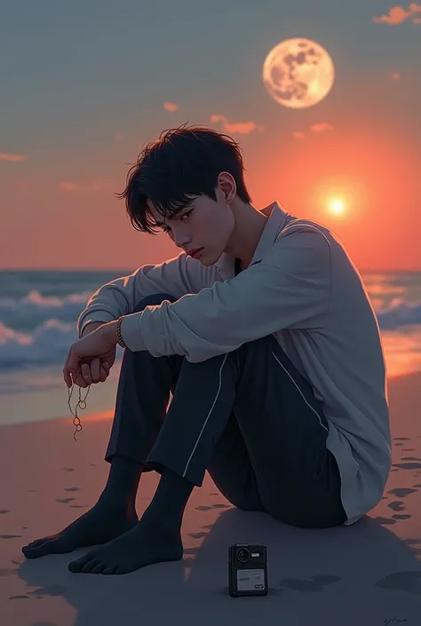 Blonde Park Jimin sitting on a beach in the sand with his knees bent, that he looks from the side and his face reflects sadness and peace at the same time while he watches the sun meet the moon in the sky, that there is a small voice recorder on your side,...