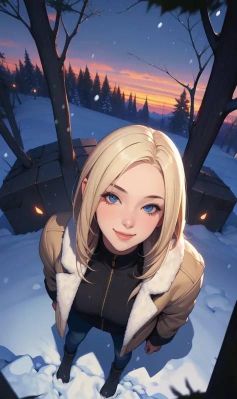 (work of art), (best qualityer), 1 girl, (face perfect:1.2), (beautiful  face:1.2), platinum blonde hair, (From  above, trunk:1.3), glad, drlight smile, looking ahead at viewer, pose, 
winter coat, plein-air, winter, neve, night time, intrikate, Depth of f...