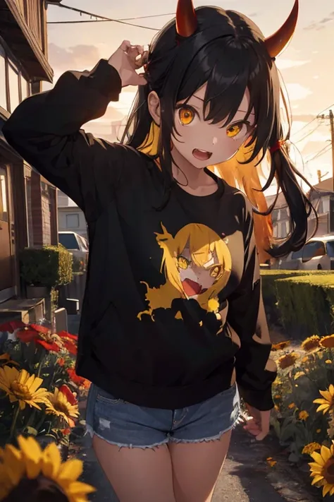 1 female, devil girl, as a child, , black jacket, t-shirt, yellow jean, yellow long hair, devil horn, small legs, red sky, flowers, red devil eyes, open mouth