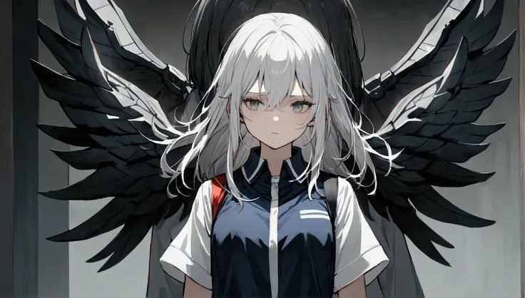 Teenage girl, tidy hair, medium length hair, multicolored black and white hair, middle stripe, gray eyes, face neutral, dark blue shirt, loose white short sleeve overcoat, gray tattoos on the body, Iron wings.