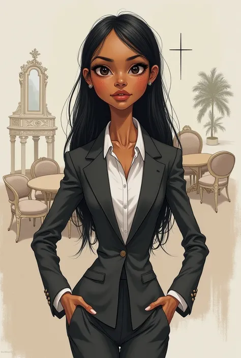 Drawing of a short and thin woman, long black hair, dark eyes, well-designed but small mouth, very small breasts, somewhat sharp nose and light brown skin, invading the furniture market with new unusual solutions, with feminine formal clothing and Christia...