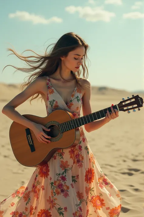 A was in an empty place with a flowery dress playing the guitar 