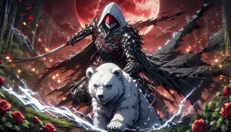 one man with a white hood with bear ears and a katana sits next to a polar bear in a forest while the blood moon shines, many ro...