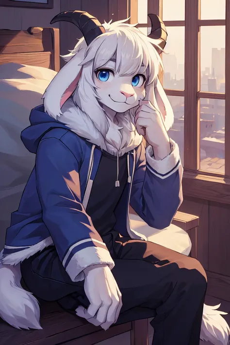 a boy, teenager, alone Asriel, Undertale (Asriel Dreemurr), smile, eskimo coat (blue coat), tall, hairy, anthropomorphic, blue eyes (black blouse, black pants), goats foot, paw with metacarpus (short tail, anthropomorphic tail, short tail, bushy tail, anth...