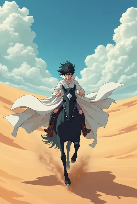 anime styling, camera from behind, black haired white man resembling the character Metal Bat from One Punch Man riding a hair in the middle of the desert, he wears a white cloak 