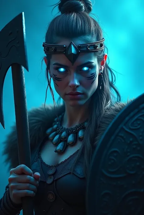 Close up face beautiful viking woman, axe and shield in hand , strong blue light in the eyes, war crown , tribal design on the eyes, Angry, beautiful stone neck necklace, battle armor, with hate, shouting out loud