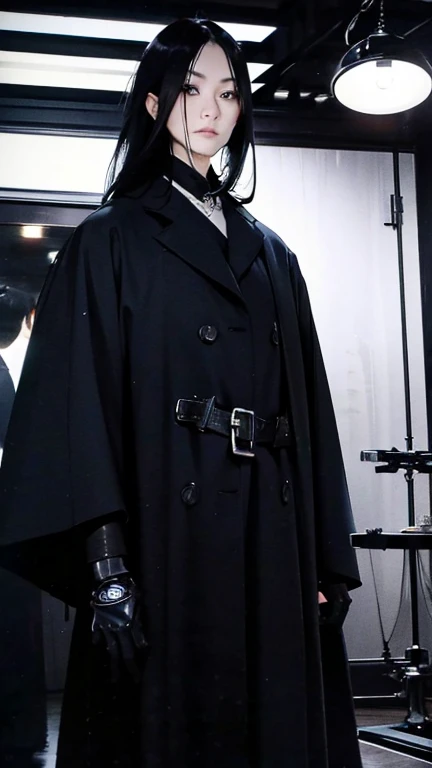 Black Hair、Cold look:1.5、Japanese woman in her 30s、Dark Background、One Cool Lady:1.5、night、whole photo、Dark Eyes、Black gloves、Ominous Machine Lifeform、Nihil、White、Doctor Woman、Half of his body is made of machinery、Mechanical Man:1.5、