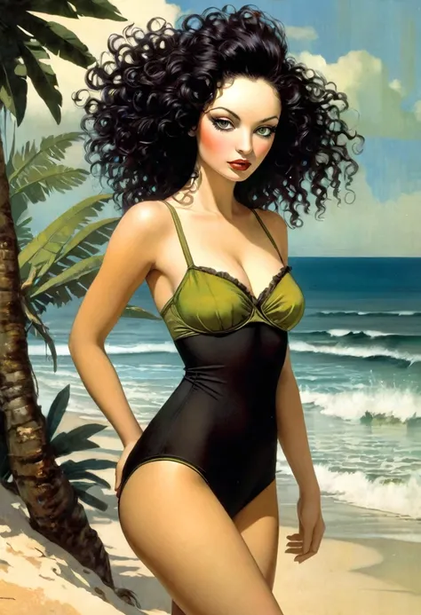 (photorealistic:1.9), (realistic photographic style:1.9), (hyperrealistic), (complexity). Amazing photorealistic portrait of beautiful woman, long black hair, curly hair, olive eyes, bored, spectacular tropical beach in background, dynamic pose, sexy, perf...