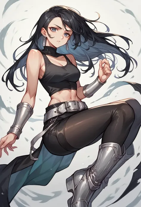 1girl, long black hair, earrings, black tank top, silver belt, black leggings, silver bracers, silver long boots