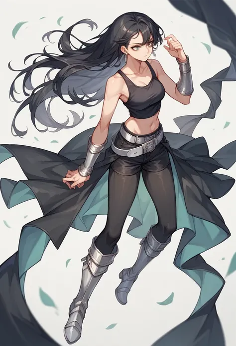 1girl, long black hair, earrings, black tank top, silver belt, black leggings, silver bracers, silver long boots