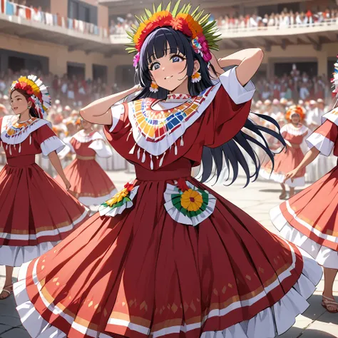 ((Highest quality)), ((masterpiece)), (detailed), （Perfect Face）、The woman is Reika Aoki with semi-long hair、A woman is dancing in a Guelaguetza costume in Guelaguetza, Mexico