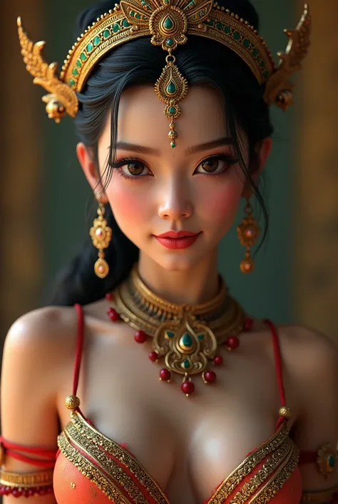 a sexy Angkorian period Apsara dancer,beautiful detailed eyes,beautiful detailed lips,extremely detailed eyes and face,longeyelashes,wearing loincloth with exposed breasts,adorned with intricate jewelry,portrait,highly detailed,realistic,photorealistic,mas...