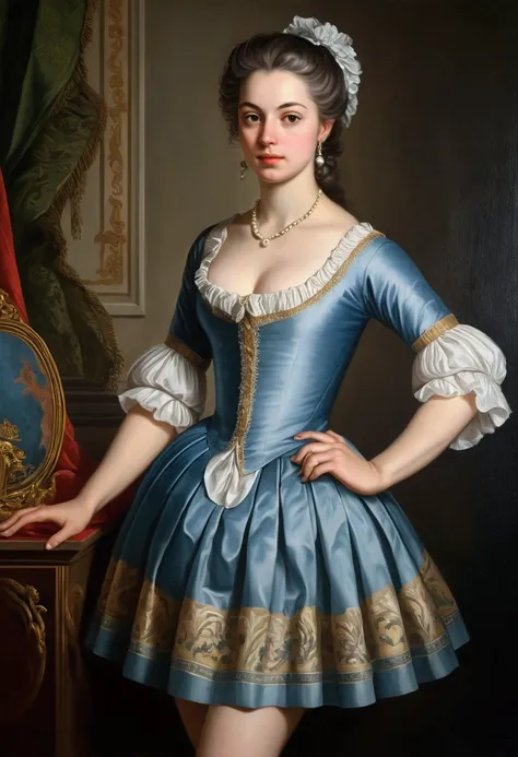 A realistic painting in the style of a classical 18th century painting depicts: a woman wearing classical clothing but wearing a very short skirt which is very sexy. 