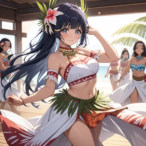 ((Highest quality)), ((masterpiece)), (detailed), （Perfect Face）、The woman is Reika Aoki with semi-long hair、A woman is wearing a Polynesian dance costume and dancing a Polynesian dance