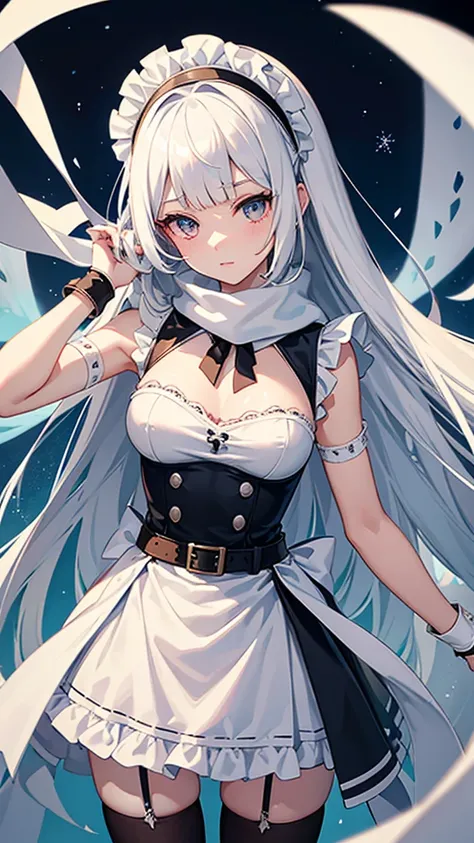 masterpiece,best quality,ultra　detailed,2D　anime,1girl,
slim body,shiny skin,white blunt bangs,long white　hair,crossed bangs:1.8,double eyelid,Orgasmus,tall stature,{maid:1.7,maid headdress:1.7, frill apron:1.7,white　garter belt:1.8,holding assault rifle,s...