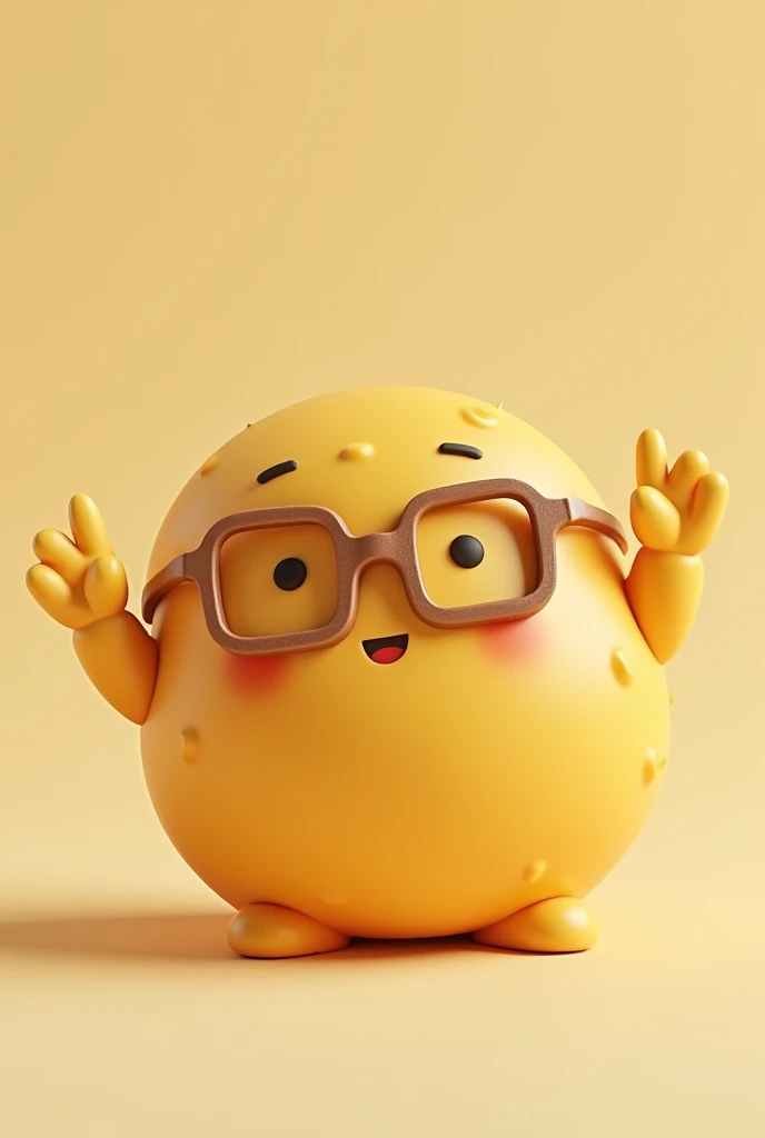 Create an image of a round cheese bread like a ball. He needs to wear square glasses. His face cannot appear too happy but also not too sad. He needs to be making an ok sign with his hand. He needs to be round and smooth.